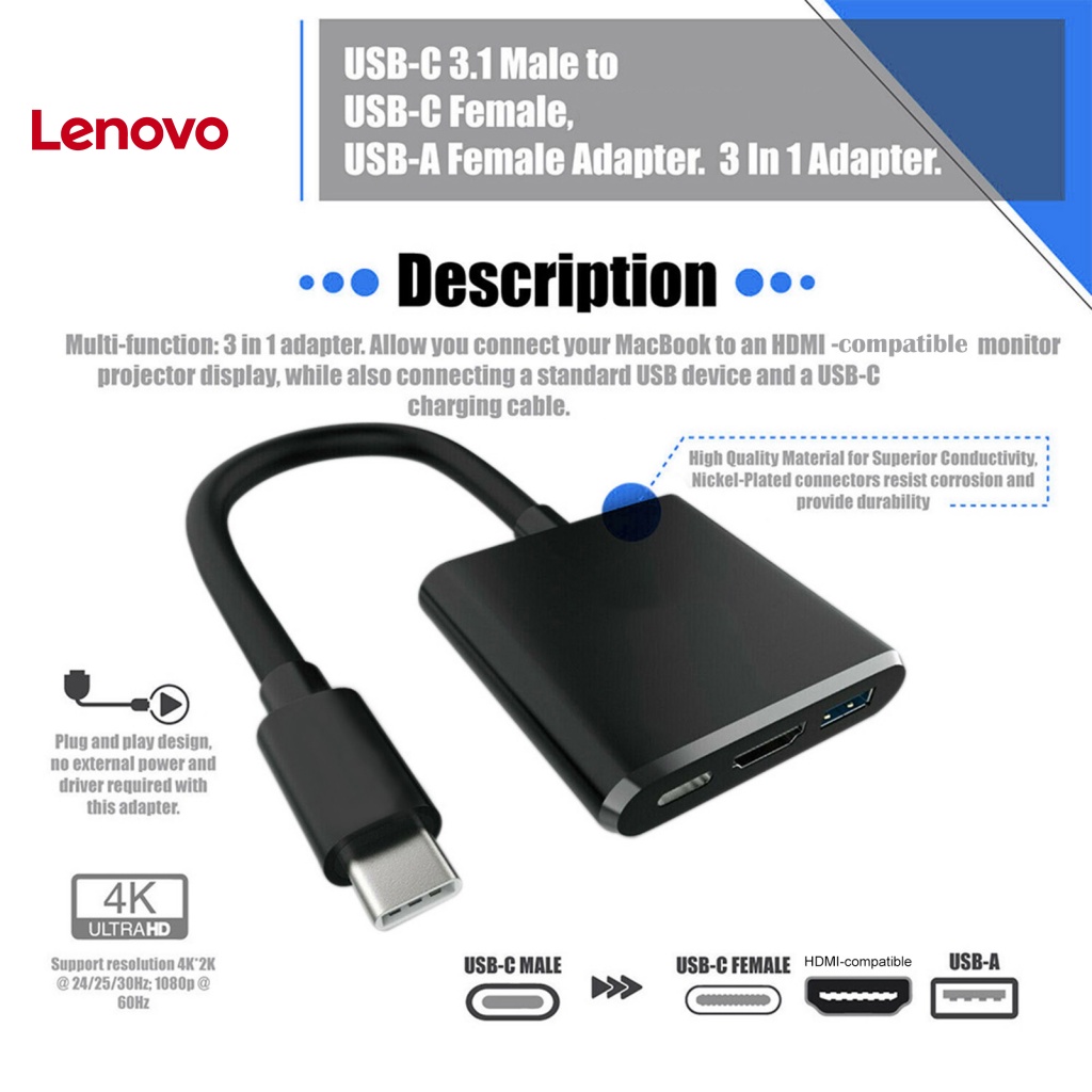 Bộ chuyển đổI Hub HDMI LENOVO 3 trong 1/ USB 3.1 sang 4K/ USB 3.0 / 2.0