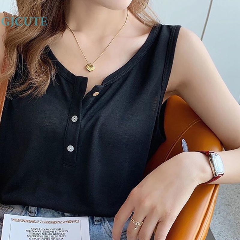 Áo Hai Dây Mùa Hè Dáng Suông Cài Nút Màu Trơn Cho Nữ