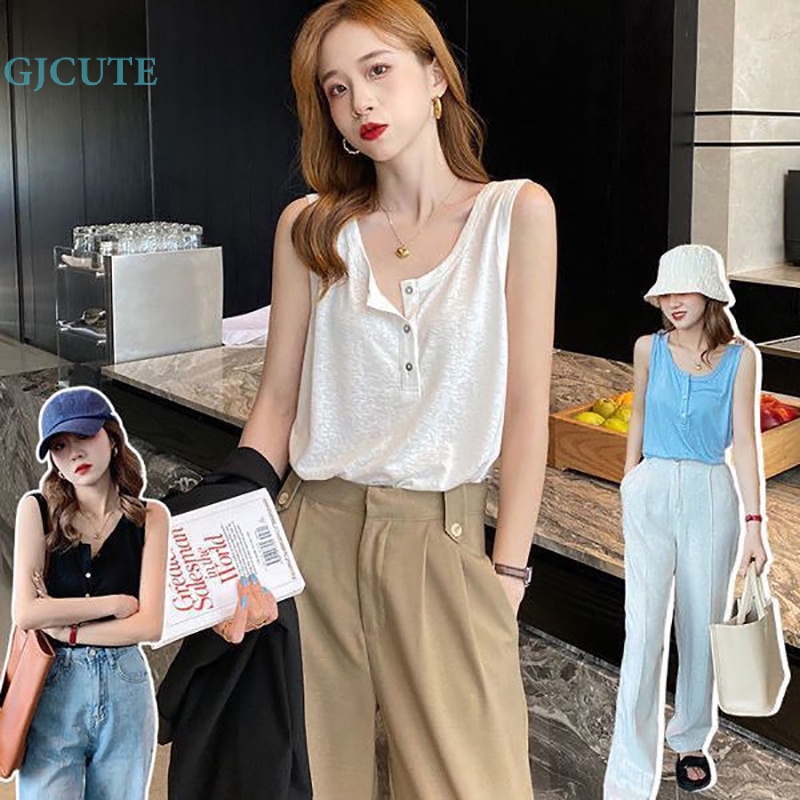 Áo Hai Dây Mùa Hè Dáng Suông Cài Nút Màu Trơn Cho Nữ