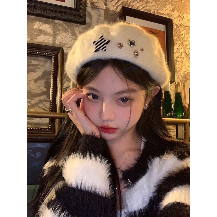 Mũ Beret Y2K Đính Ngôi Sao Nhồi Bông Màu Trắng Ngọt Ngào Thời Trang Thu Đông Cho Nữ