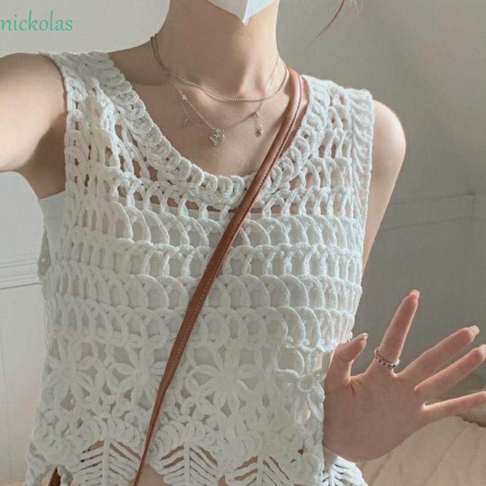 Nickolas Áo Crop Top Dệt Kim Mềm Mại Không Tay Khoét Lỗ Hình Hoa Phong Cách Hàn Quốc Đi Biển