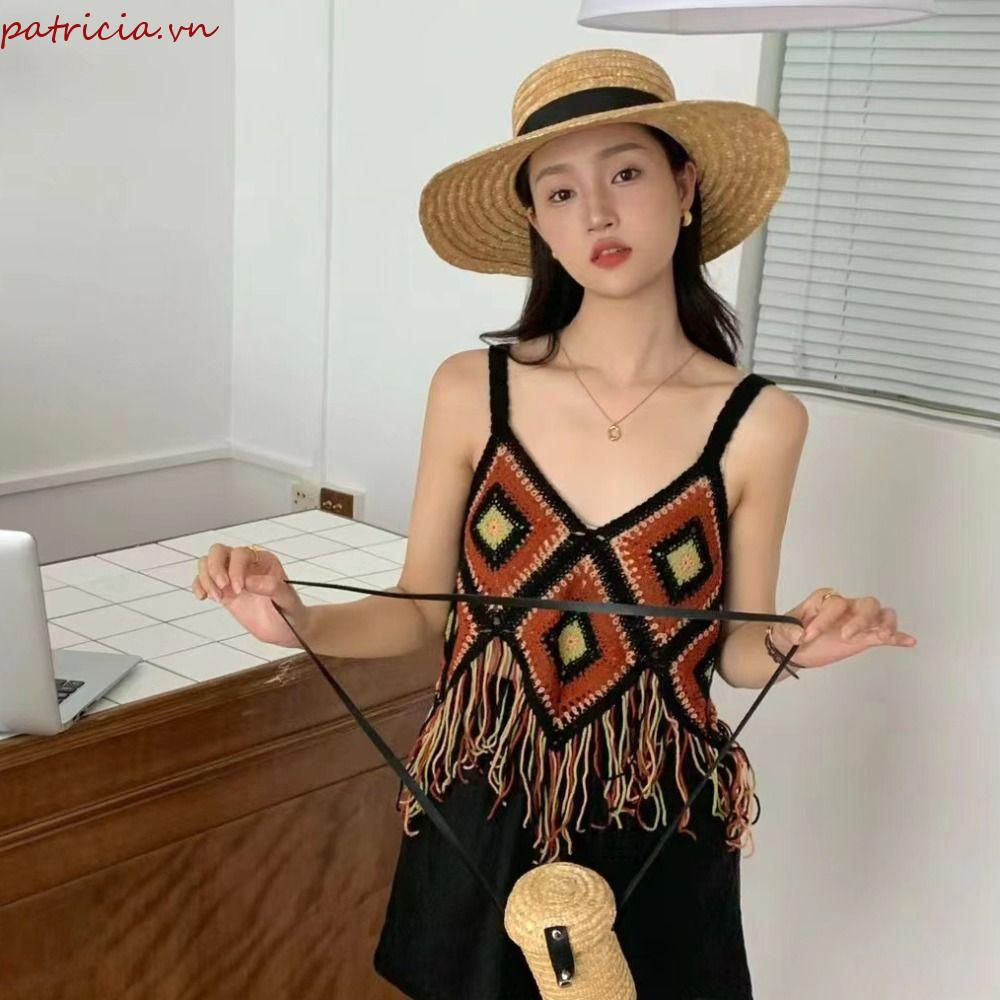 PATRICIA Áo Hai Dây Dáng Ôm Co Giãn Thoáng Mát Phối Tua Rua Thời Trang Cho Nữ