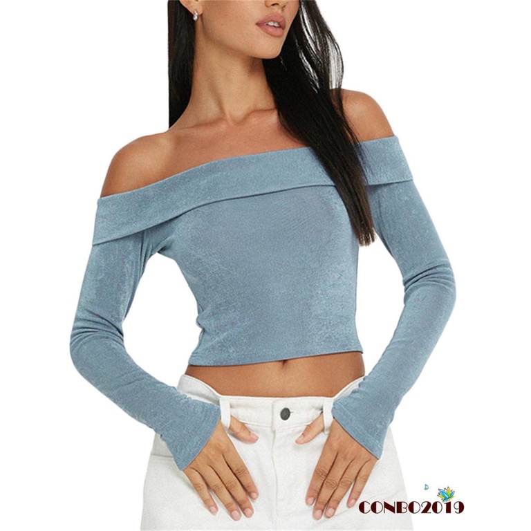 Áo Thun Tay Dài Trễ Vai Màu Sắc Đơn Giản Dành Cho Nữ