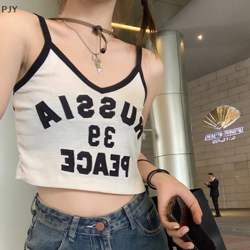 Áo Thun PJY Sát Nách Cổ Chữ V Dáng Ôm In Chữ Thời Trang Mùa Hè Quyến Rũ Cho Nữ