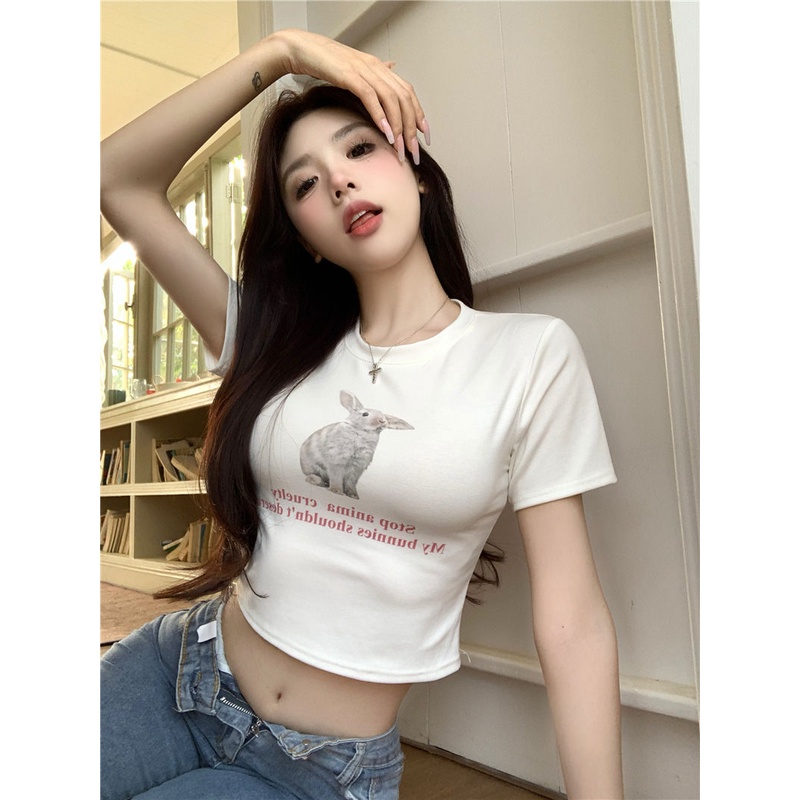 Áo Baby Tee Thun Croptop Nữ Ngắn Tay In Hình Thỏ Phong Cách Mới Cho Nữ