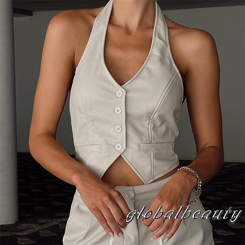 Áo Crop Top Hai Dây Mùa Hè Màu Trơn Có Nút Cài Cho Người Lớn Size S / M / L / XL