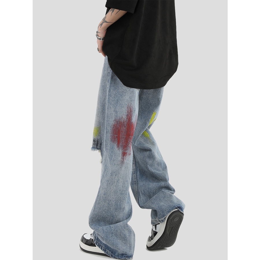 Insstudios Quần Jean Ống Rộng Thẳng Sơn Màu Vẽ Tay Phong Cách Đường Phố Mỹ Cho Cặp Đôi