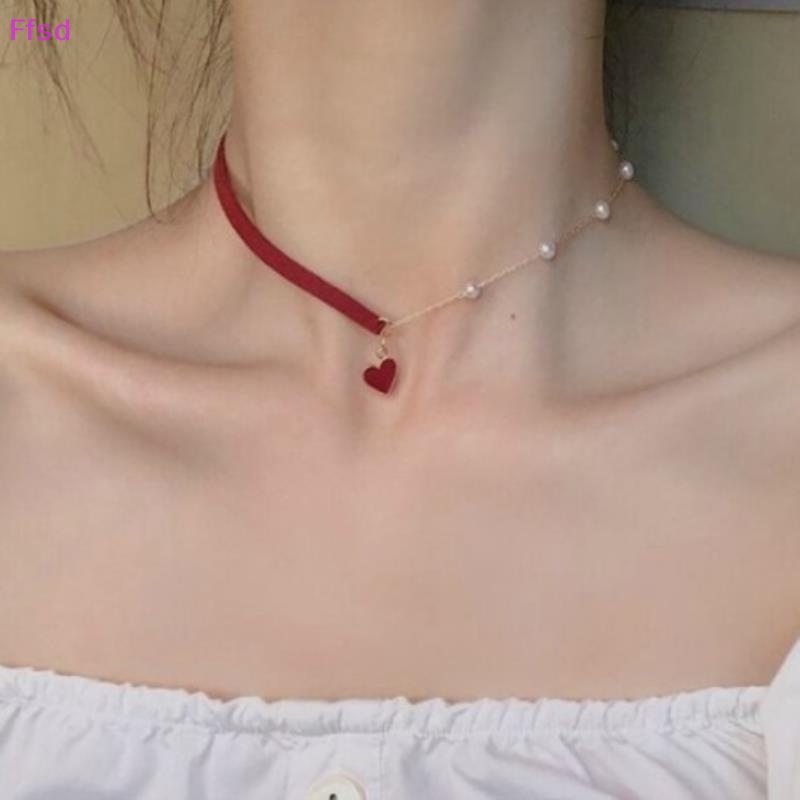 {Ffsd} Vòng Cổ Choker Mỏng Không Đối Xứng Mặt Trái Tim Xơ Vải Đỏ Hàng Mới Bán Chạy *