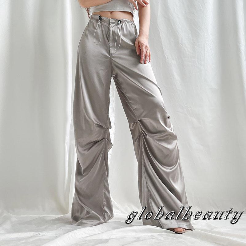 Quần Dài Satin Ống Rộng Lưng Thấp Màu Sắc Đơn Giản Thời Trang Mùa Hè Cho Nữ