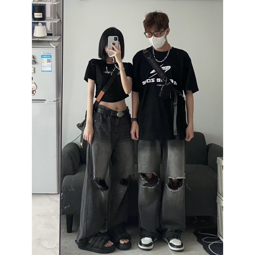 Quần jean ống đứng thời trang đồ đôi quần baggy rách hiphop street style quần jean nam đen rách gối unisex Màu Trơn quần jean nam rách gối