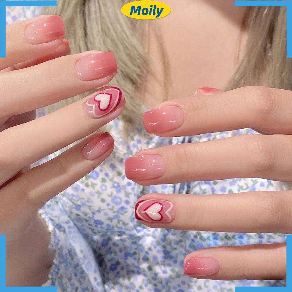 MOILYVN Bộ Móng Tay Giả Ngắn Đầu Vuông Bằng ABS Màu Hồng Gradient Có Thể Tháo Rời Cho Nữ