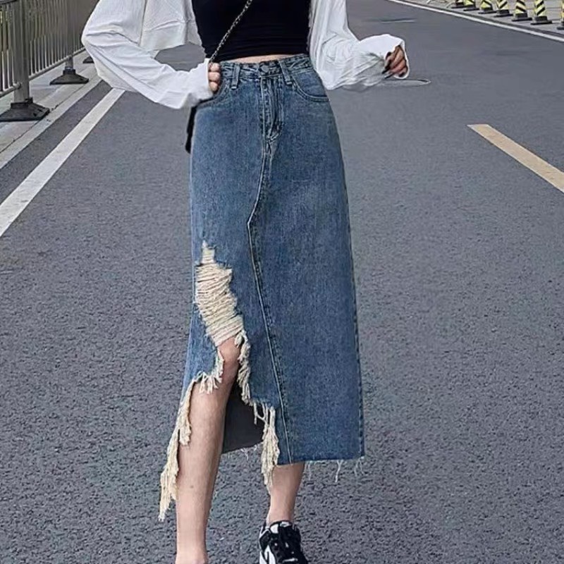 Chân Váy jean Dài Cạp Cao Dáng Dài Rách Đẹp dành cho BigSize 55-90kg MLJ005 Rẻ Đẹp xẻ sau Phom chữ A Siêu Dài 80cm
