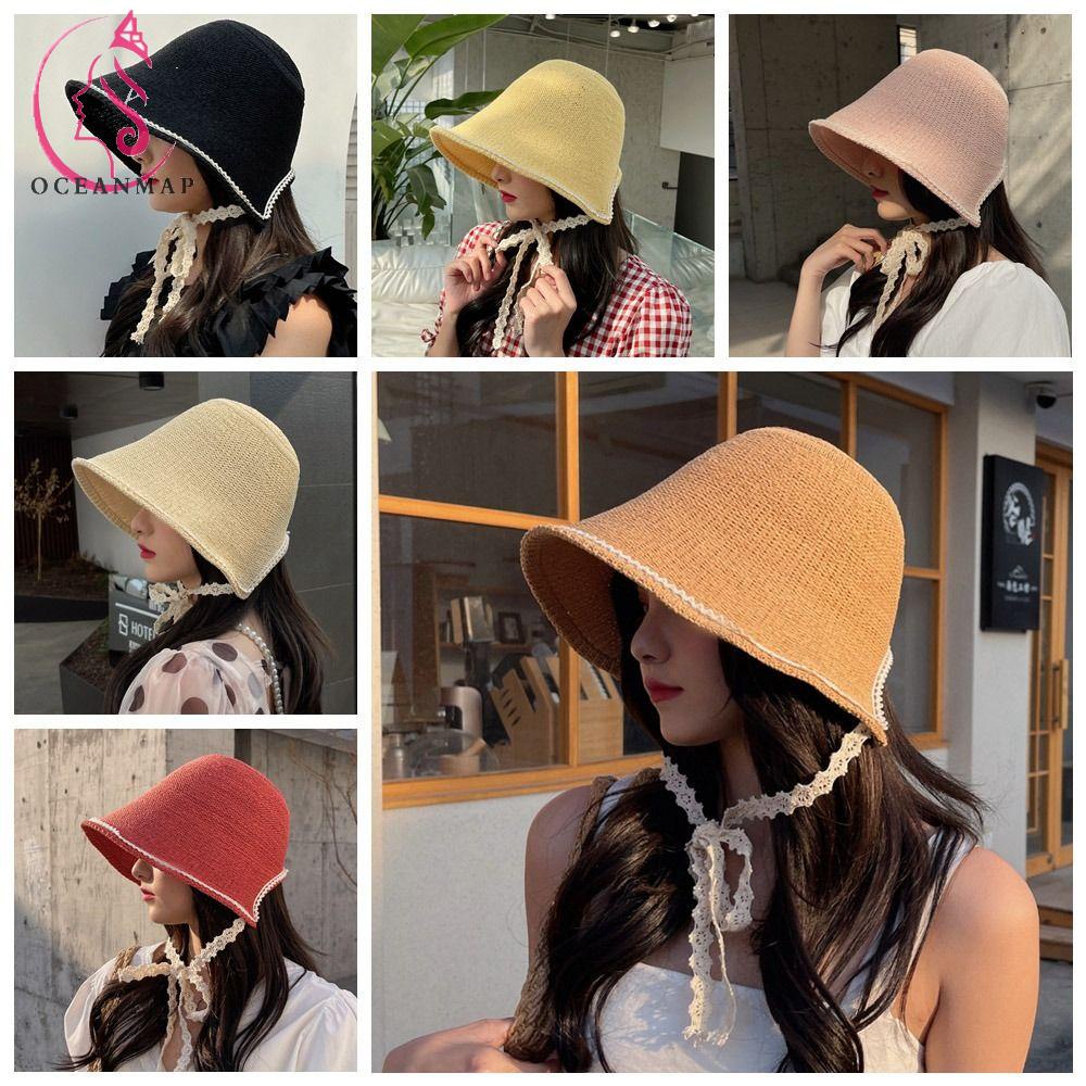 OCEANMAP Nón Tai Bèo Đan Len Chống Nắng Mùa Hè Gấp Gọn Được Có Dây Buộc Cho Nữ
