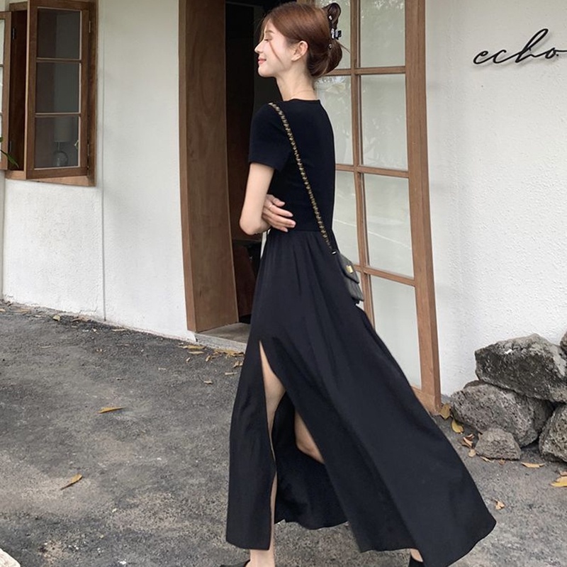 Đầm Dài Đến Đầu Gối Ôm Eo Tay Ngắn Màu Đen Xẻ Tà Thời Trang Cho Nữ