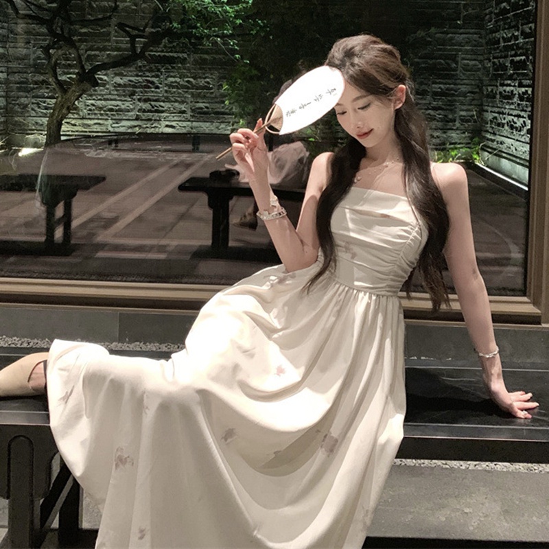 Ielgy Đầm Dài In Họa Tiết Trà Kiểu Pháp Cổ Điển Thanh Lịch Cho Nữ