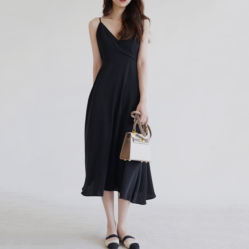 Đầm Đen Cổ Chữ v Hở Lưng Phong Cách retro Thời Trang Cho Nữ