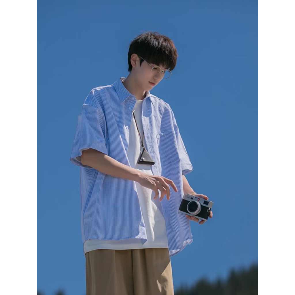 Áo Sơ Mi Tay Lửng Dáng Rộng Màu Trơn Phong Cách Thời Trang Nhật Bản Mới