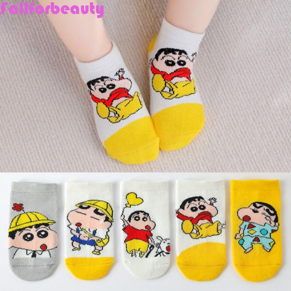 FALLFORBEAUTY Bộ 5 Đôi Vớ Cotton Cổ Thuyền In Hoạt Hình Shin-Chan / Ngôi Sao Mềm Mại Cho Bé