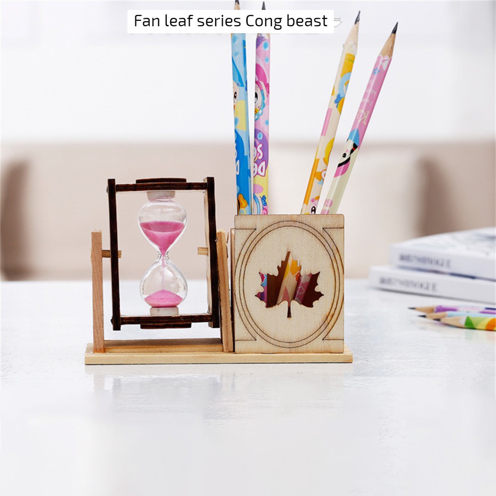 Giá Đỡ Bút Bằng Gỗ Hình Lá Phong Có Đồng Hồ Cát Tinh Tế Để Bàn Trang Trí