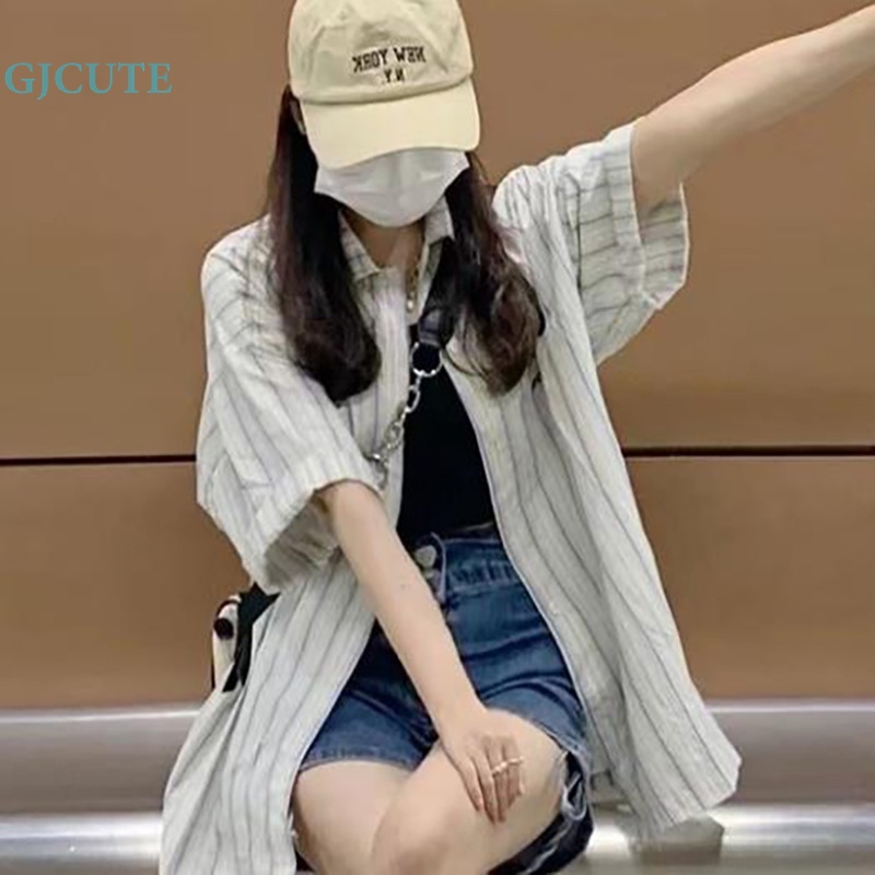 Áo Sơ Mi Mỏng Tay Ngắn Dáng Rộng Thoáng Khí In Họa Tiết Kẻ Sọc Kiểu Retro Xinh Xắn Cho Nữ