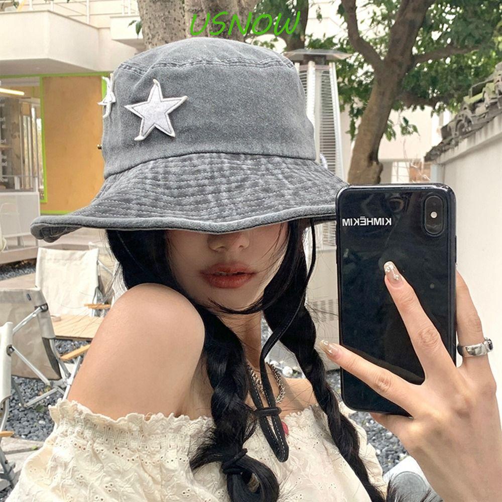 USNOW Mũ Bucket Chống Nắng Có Dây Rút Phong Cách Hàn Quốc Ngọt Ngào Cho Nữ