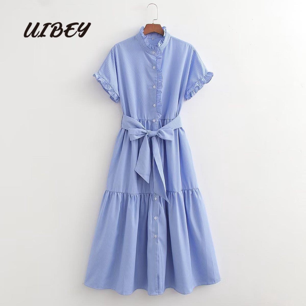 Uibey Đầm Ngắn Tay Cổ Đứng Họa Tiết Kẻ Sọc 3294