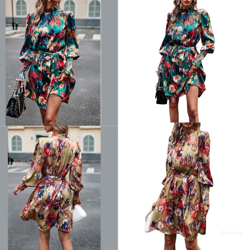 Đầm Chữ A Tay Dài Cổ Nhún Bèo In Họa Tiết Hoa Tinh Tế Thời Trang Xuân Hè Cho Nữ