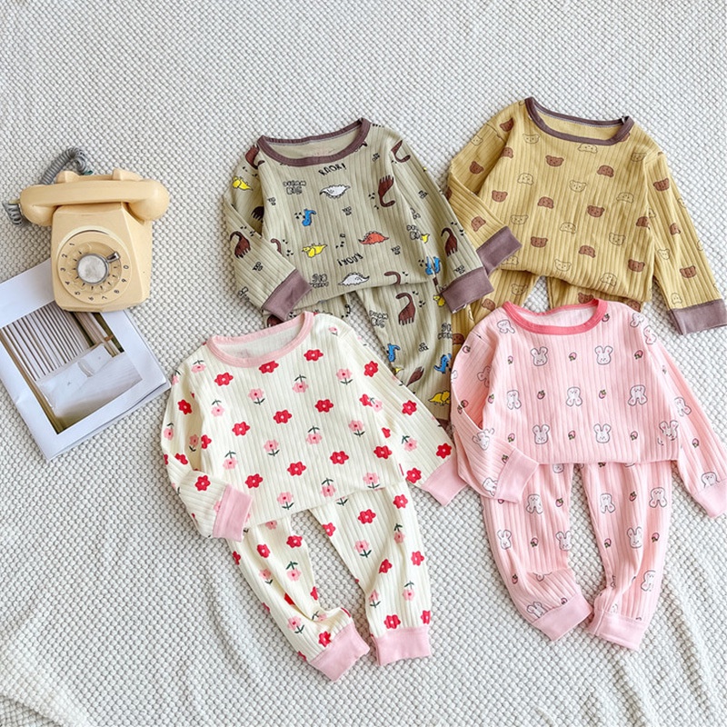 Bộ Đồ Ngủ Hai Mảnh Áo Cotton + Quần Dài Mùa Thu Dành Cho Bé Trai Gái 80-150CM