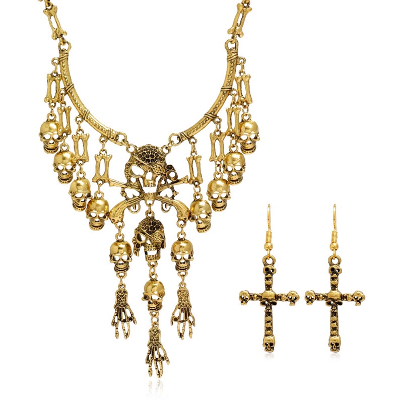 Ygt Set Vòng cổ + Bông Tai Hình Đầu Lâu Cướp Biển Nhiều Tầng Phong Cách Cổ Điển Cho Nữ