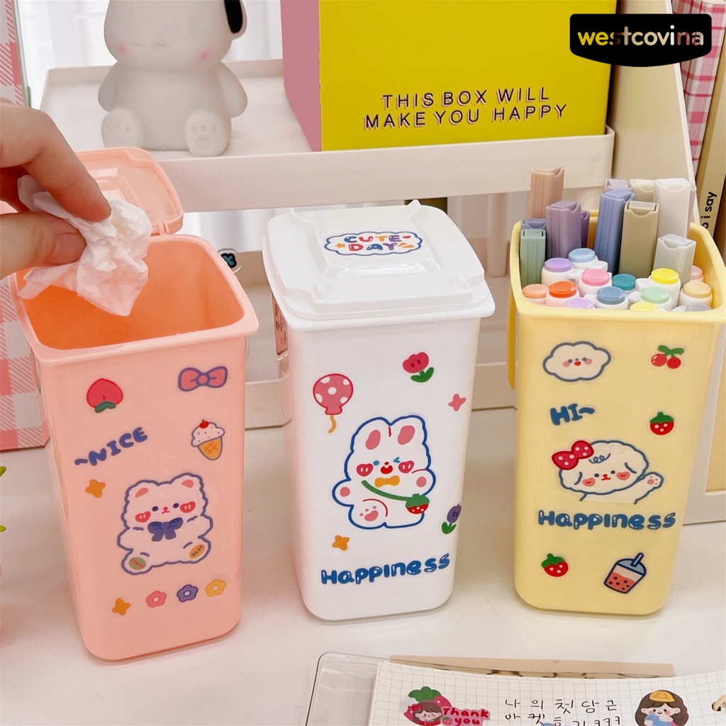 [WSTN] [WSTN]✎Thùng Rác Để Bàn Cỡ Lớn In Họa Tiết Hoạt Hình Có Nắp Đậy Tiện Dụng Ốp