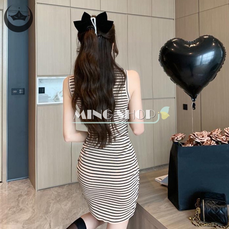 Đầm Ngắn Tay Họa Tiết Kẻ Sọc Đơn Giản Mẫu Mới 2023 Thời Trang Mùa Hè Cho Nữ