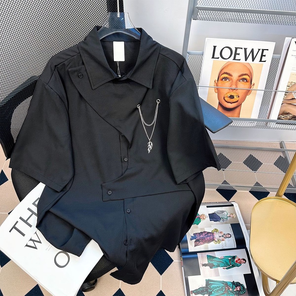 Áo Sơ Mi Tay Ngắn Phối Dây Xích Phong Cách Hàn Quốc Thời Trang Cho Nam Và Nữ