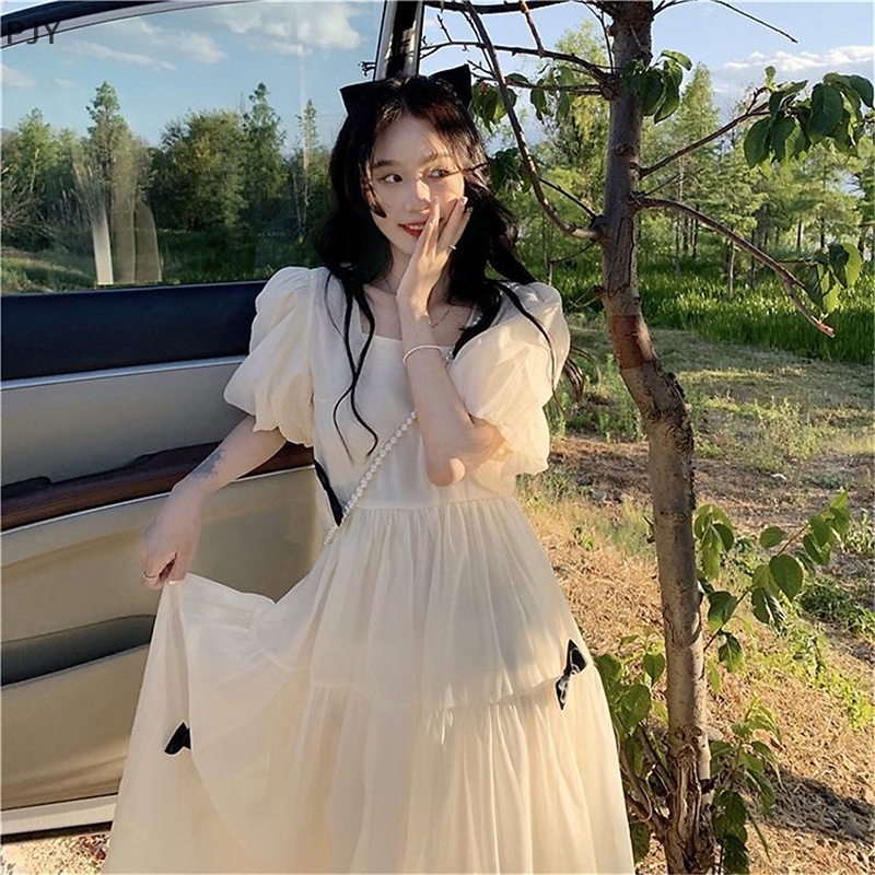 Đầm Midi Dáng Chữ A Cổ Tròn Tay Phồng Đính Nơ Thời Trang Mùa Hè Cho Bạn Gái PJ