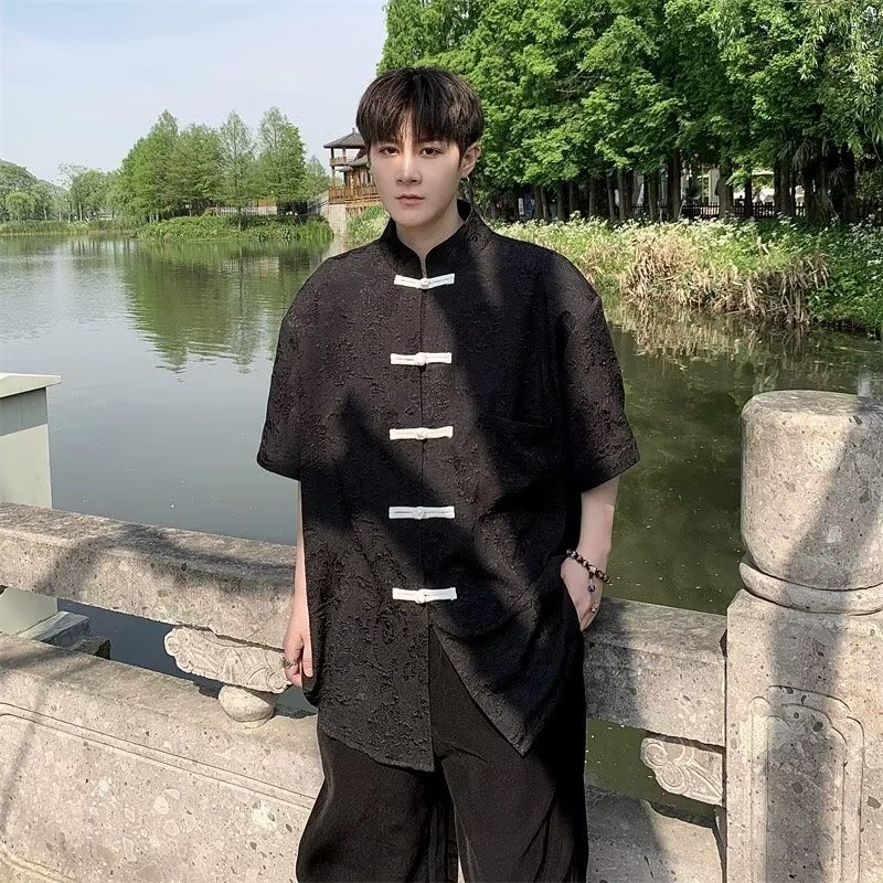 Áo Sơ Mi Ngắn Tay Cổ Đứng Cài Nút Dập Nổi Họa Tiết Phong Cách Trung Hoa