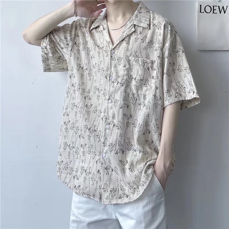 Áo Sơ Mi Nam Ngắn Tay In Hoa Thời Trang Hồng Kông