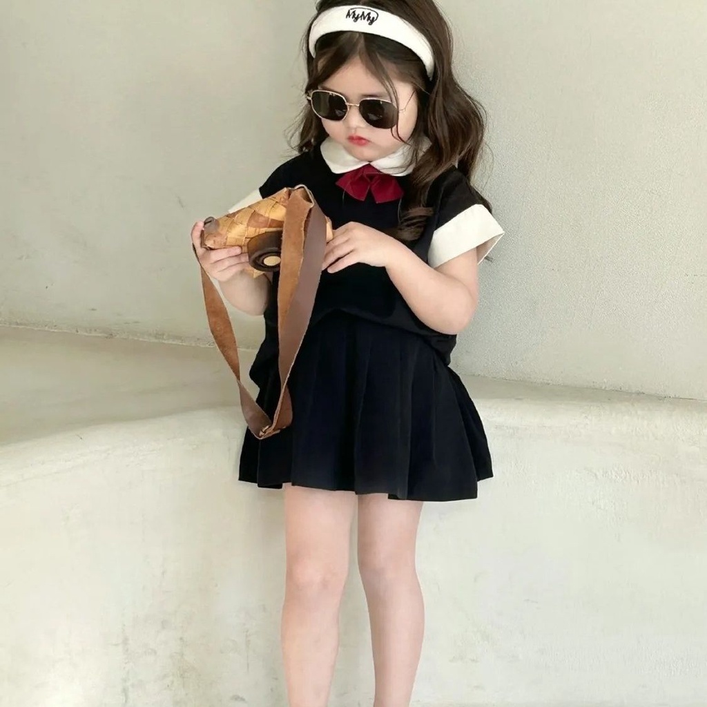 Bộ Áo Thun + Chân Váy Xếp Ly Phong Cách Preppy Thời Trang Mùa Hè 2023 Mới