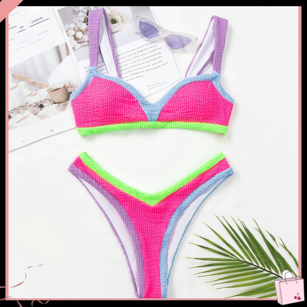Bộ Đồ Bơi 2 Mảnh Lưng Cao Co Giãn Có Đệm Màu Sắc Tương Phản Dành Cho Nữ
