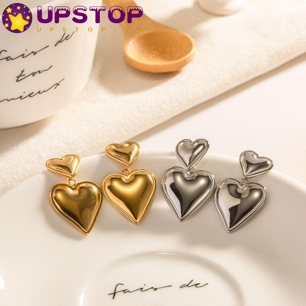 UPSTOPVN Đôi Bông Tai Hình Trái Tim Đôi Bằng Thép Không Gỉ Mạ Vàng Trang Sức Quyến Rũ Dành Cho Nữ