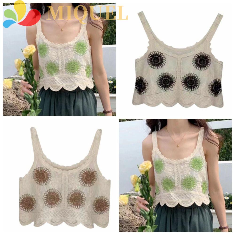 MIQUEL Áo Croptop Dệt Kim Không Tay In Họa Tiết Hoa Phối Ren Cổ Điển Cho Nữ