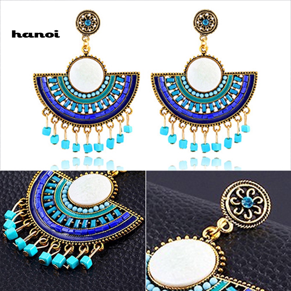 Bông Tai Chuỗi Hạt Phối Tua Rua Phong Cách Bohemian Thời Trang