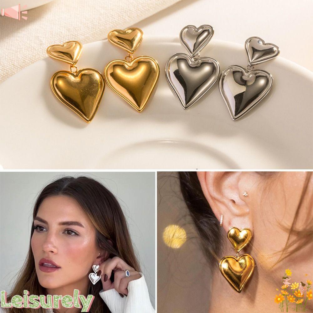 LEILY Khuyên Tai Hình Trái Tim Đôi Bằng Thép Không Gỉ Mạ Vàng Sang Trọng