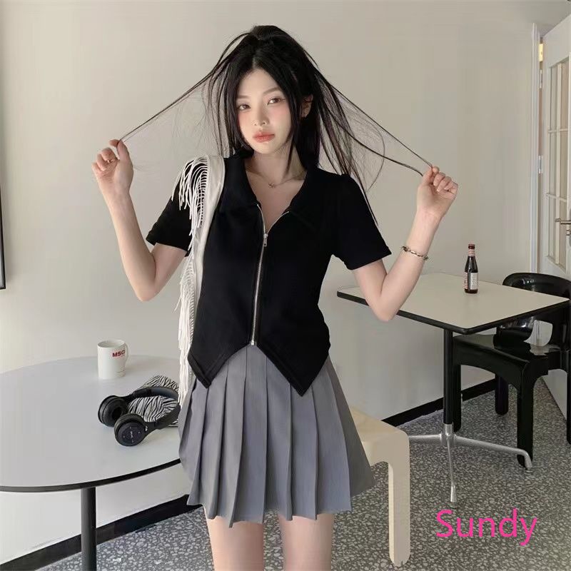 Plus Áo polo Ngắn Tay Phối Khóa Kéo Lệch Thời Trang Mùa Hè Hàn Quốc Dành Cho Nữ