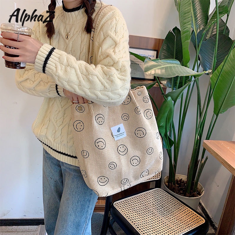 Alphaz Túi Xách Vải Nhung Họa Tiết Mặt Cười Phong Cách Vintage Thời Trang