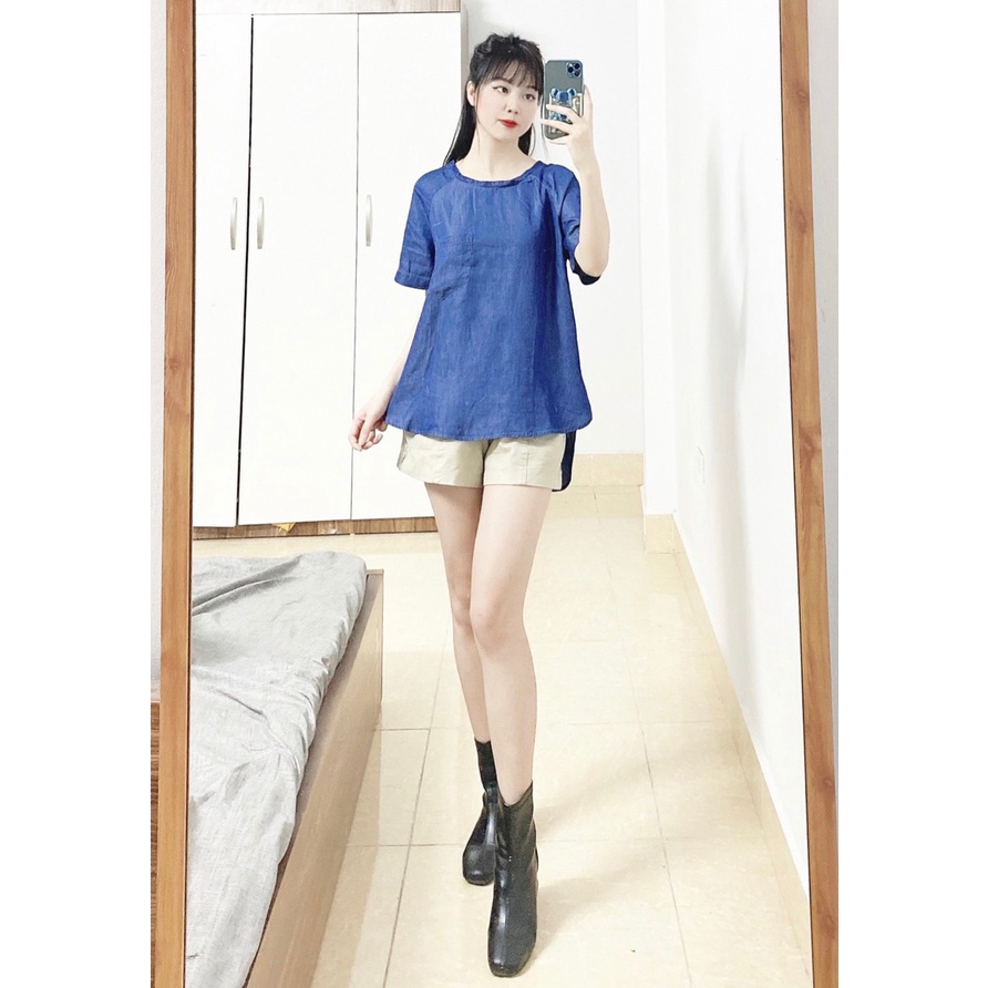 Áo cộc tay nữ chất bò giấy trơn 1 túi ngực trái, chất vải 100% tencel mềm,mịn,mát. 7173