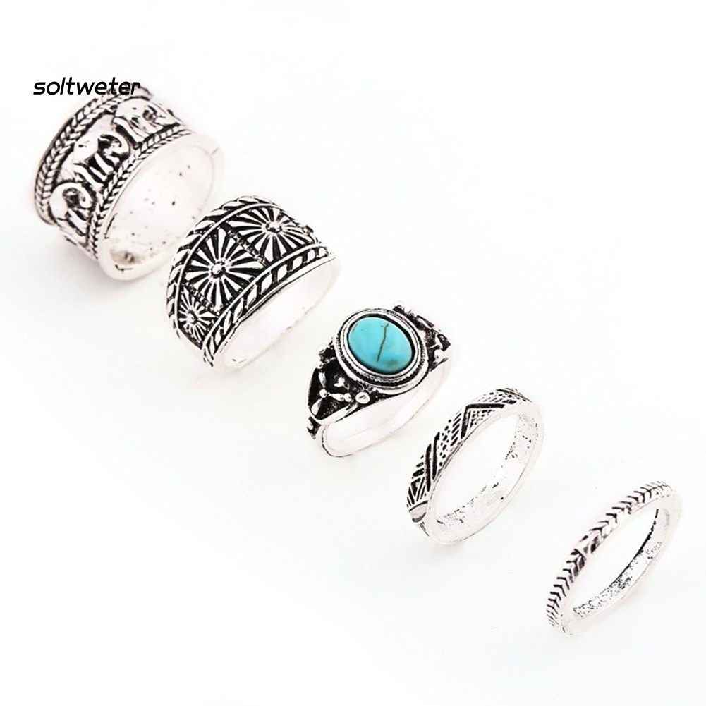 Bộ 5 Nhẫn Đeo Đốt Ngón Tay Khắc Hình Voi Đính Đá Ngọc Lam Phong Cách Vintage