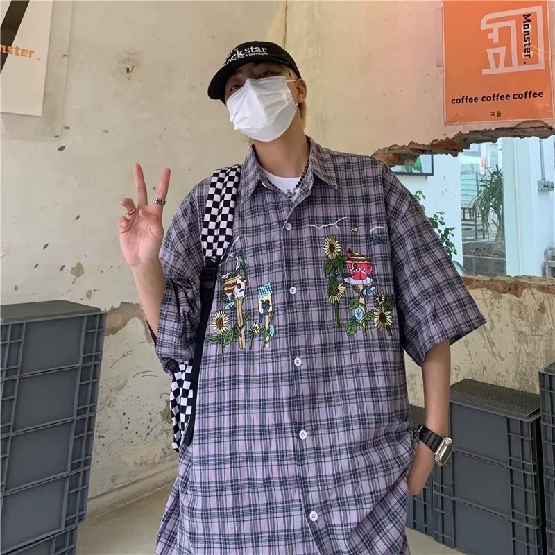 Áo Sơ Mi Nam Dáng Rộng Họa Tiết Caro Thời Trang Phong Cách Hàn Quốc