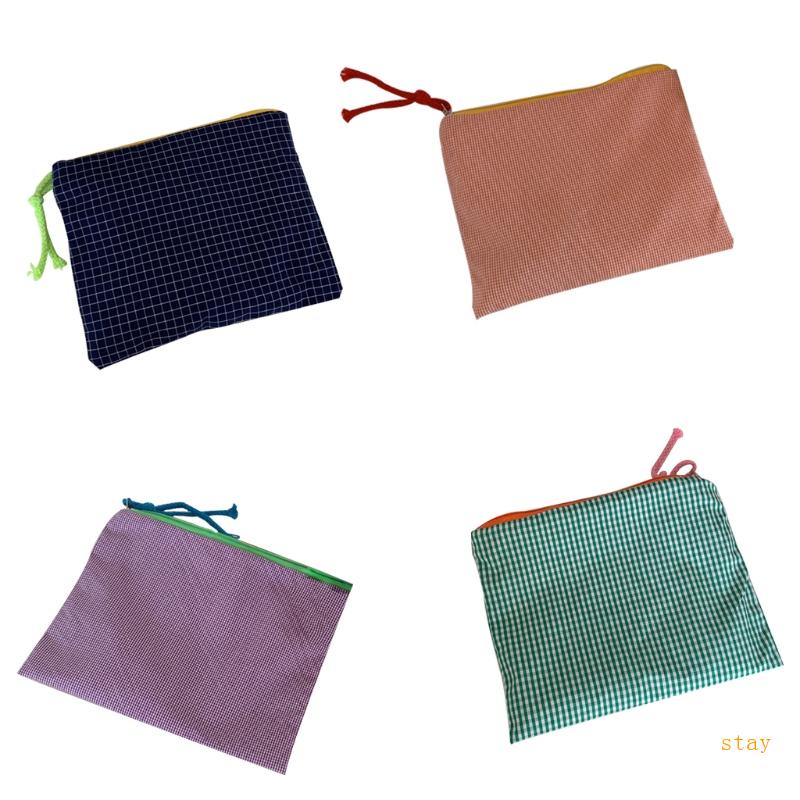 Túi Đựng Đồ Trang Điểm Bằng Cotton Họa Tiết Kẻ Sọc Có Khóa Kéo Đa Năng Thời Trang Cho Nữ