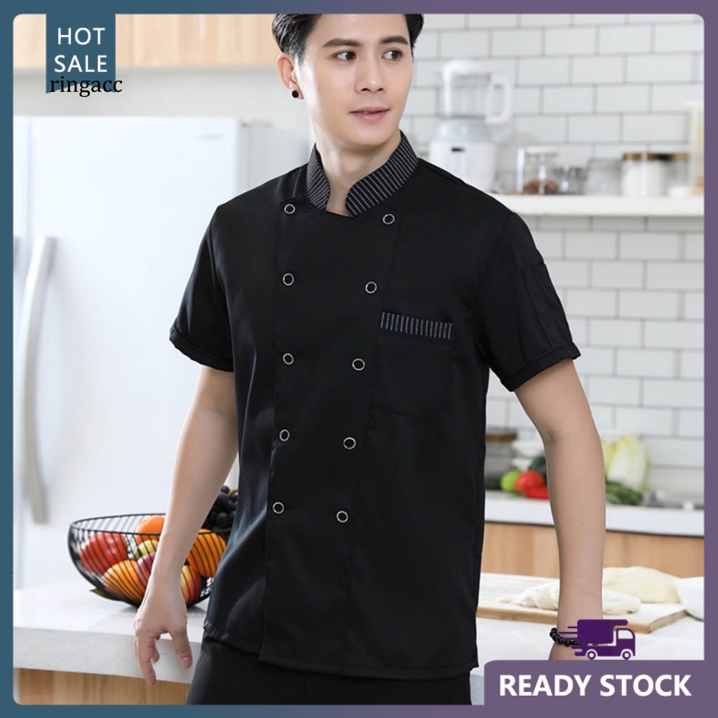 Rga Áo Đồng Phục Đầu Bếp Ngắn Tay Cổ Đứng Phối Hai Hàng Nút Cài Và Túi Thoáng Khí Cho Nam Nữ