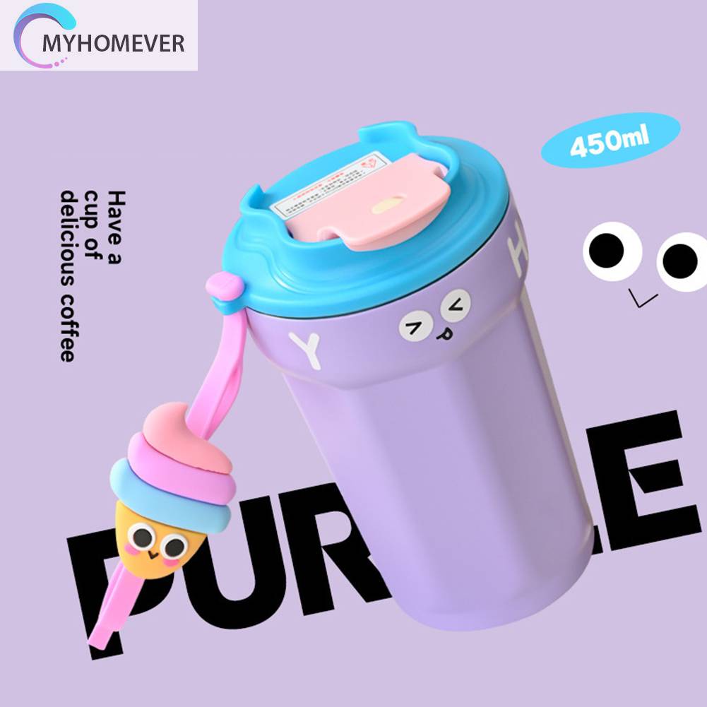 Bình Nước 450ML Bằng Thép Không Gỉ In Họa Tiết Hoạt Hình Dễ Thương Tiện Dụng Mang