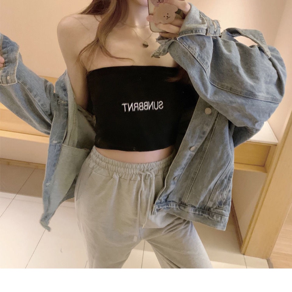 Áo Ống Ngắn Thêu Chữ Phong Cách Pháp Quyến Rũ Thời Trang Cho Nữ